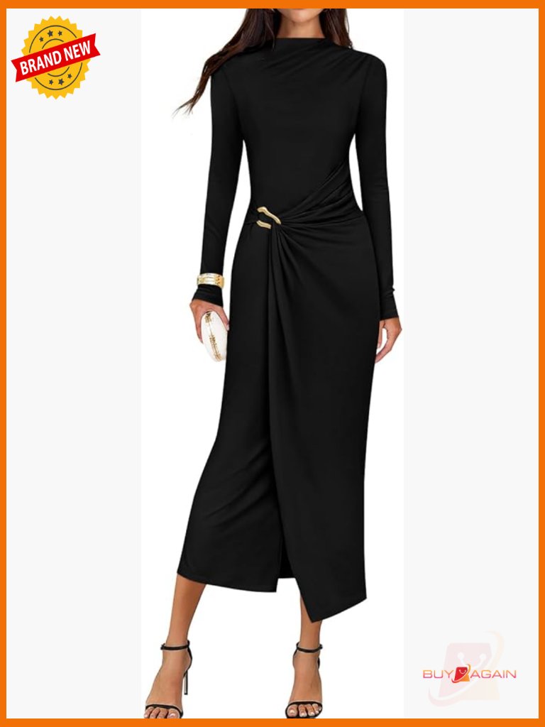 Long Sleeve Mock Neck Bodycon Midi Dress Wedding Guest Cocktail Party